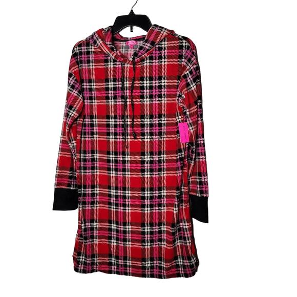 Betsey Johnson Plaid Velour Fleece Hoodie Lounger MEDIUM long sleeve Red NEW - Picture 1 of 6